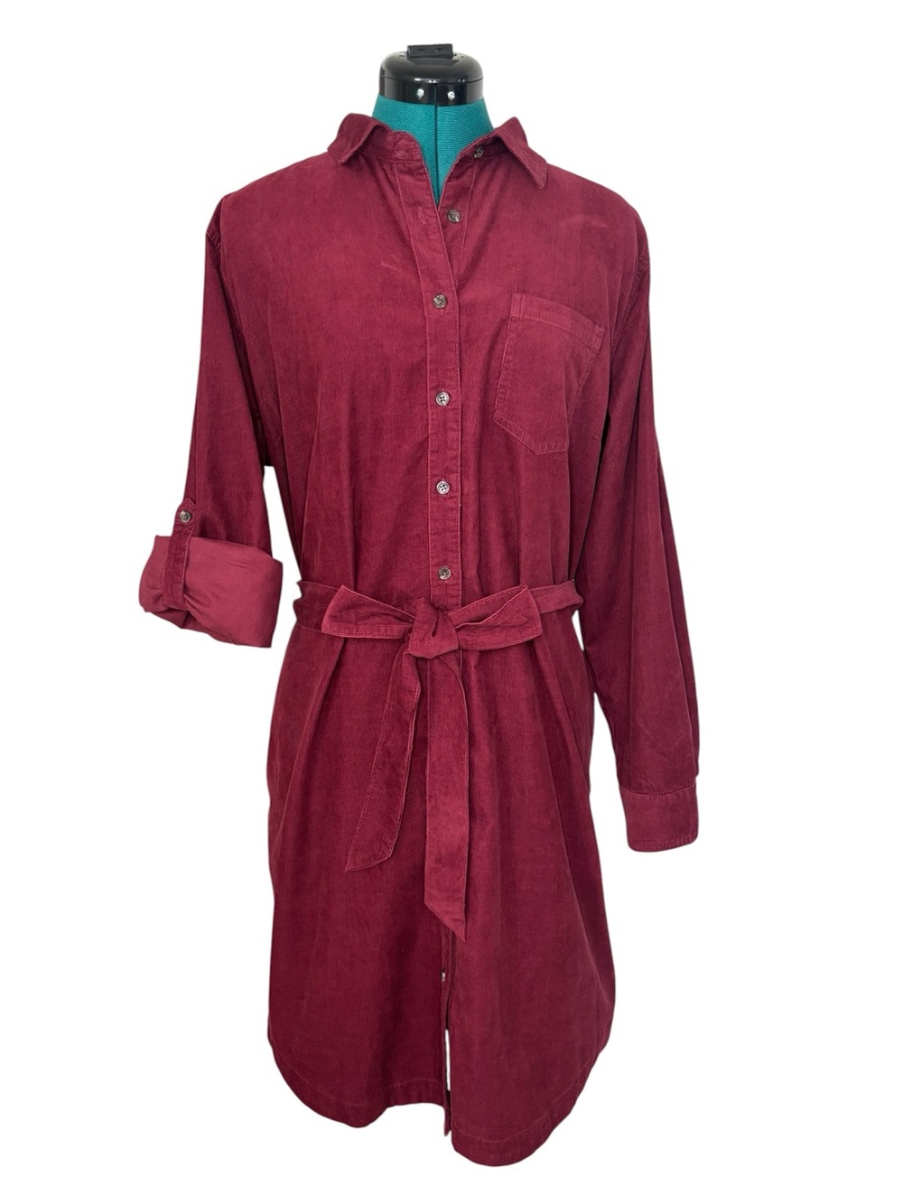 Land’s End Red Berry Corduroy Belted Shirt Dress